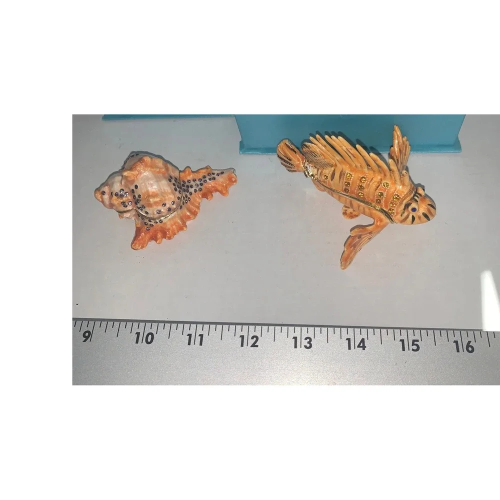 Lionfish and Conch Shell Enamel Trinket Boxes Set Crystal Accents Coastal Decor